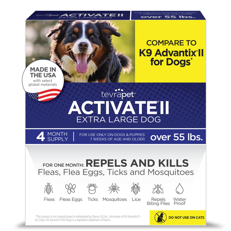TevraPet Activate II Flea and Tick Prevention for Dogs, Extra Large Dogs 55+ lbs, Topical Drops, 4 Month Flea and Tick Treatment