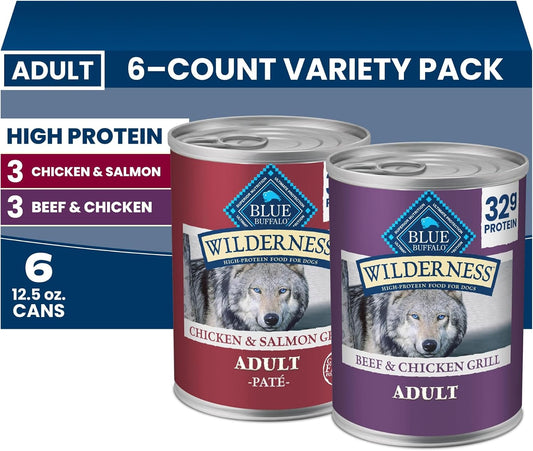 Blue Buffalo Wilderness High Protein Beef and Chicken & Salmon and Chicken Wet Dog Food Variety Pack for Adult Dogs, Grain-Free, 12.5 oz Cans (6 Pack)