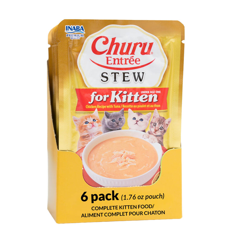INABA Churu Entrée Stew for Kittens, Grain-Free, High Moisture, Prebiotic Wet Cat Food, 1.76oz. per Pouch, 6 Pouches, Chicken Recipe with Tuna