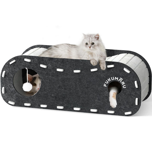 FUKUMARU Cat Beds for Indoor Pets 31.5 Inch, Extra Long Cozy Cat Bed Cave Tunnel for Multiple & Large Cats, Felt Kitten Hideaway House with Fluffy Ball, Scratch Resistant, Warm & Safe, Black