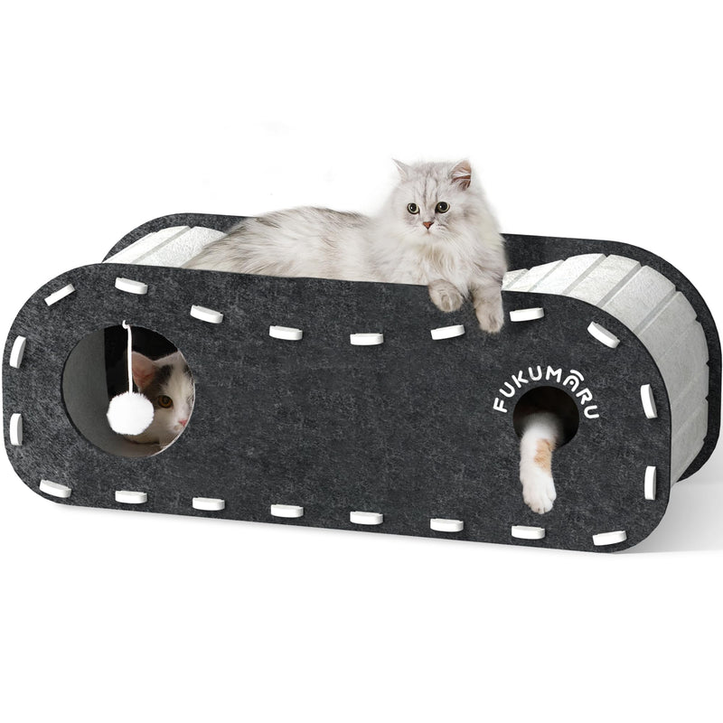 FUKUMARU Cat Beds for Indoor Pets 31.5 Inch, Extra Long Cozy Cat Bed Cave Tunnel for Multiple & Large Cats, Felt Kitten Hideaway House with Fluffy Ball, Scratch Resistant, Warm & Safe, Black