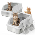 2 Pack XL Stainless Steel Litter Box, Metal Cat Litter Boxes with Lid, High Sided Enclosed Litter Boxes for Big Cat and Multiple Cats, Anti-Urine Leakage | Non-Stick Bottom & Includes Scoop