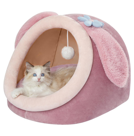 Jiupety Cute Cat Bed for Indoor, Cats Warm Soft Cave Fit for 6-10 lb Cat, Pink Rabbit, M