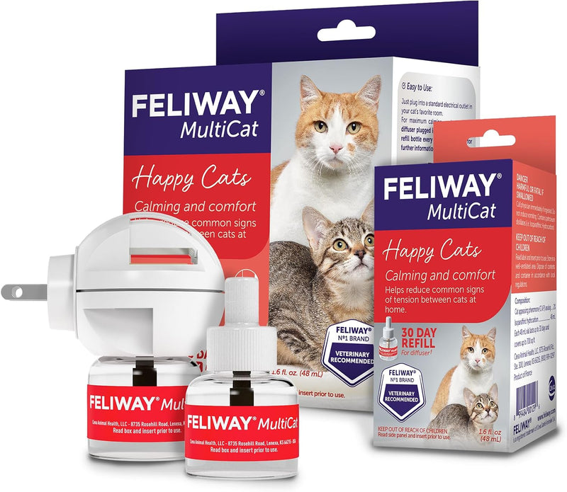 FELIWAY MultiCat Cat Calming Diffuser Kit and 1 Pack Refill – Helps Reduce Fighting, Tension and Aggression Between Cats