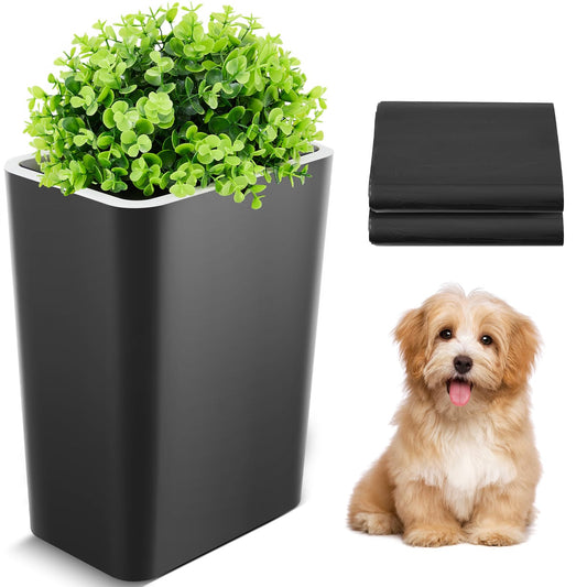 Jingmore Dog Poop Trash Can Outside 3.96 Gal/15 L Plant Styled Dog Waste Trash Can with Lid 50 Pcs Plastic Waste Bags Outdoor Indoor Poop Container Slim Garbage Bin for Yard Garden Pet (Black)