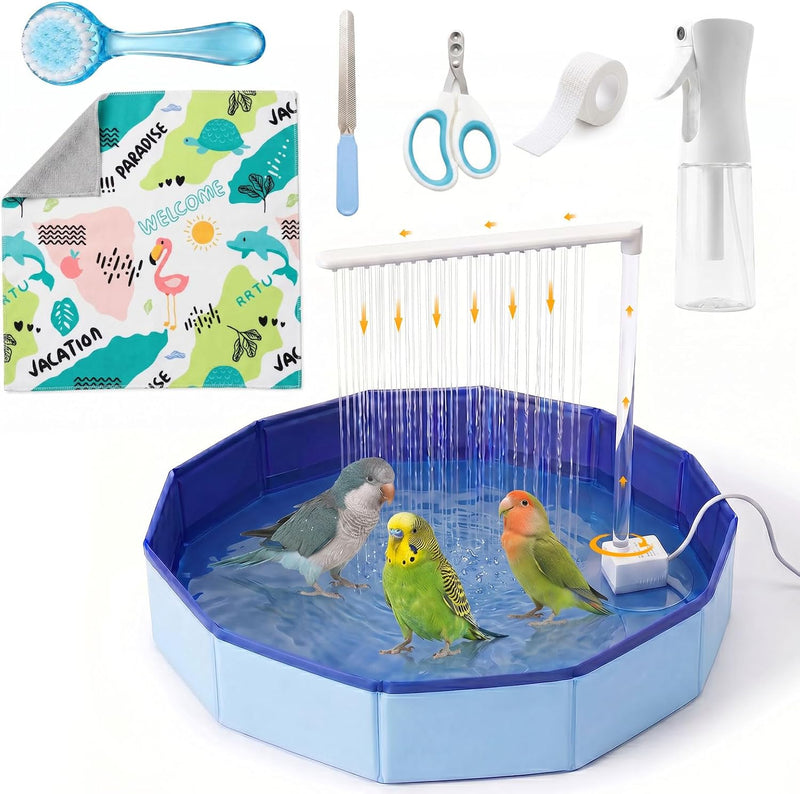 Large Automatic Bird Bath Shower, Portable Bird Bathtub with Water Pump & 4-in-1 Grooming Kit, Parrot Bathtub for Parake