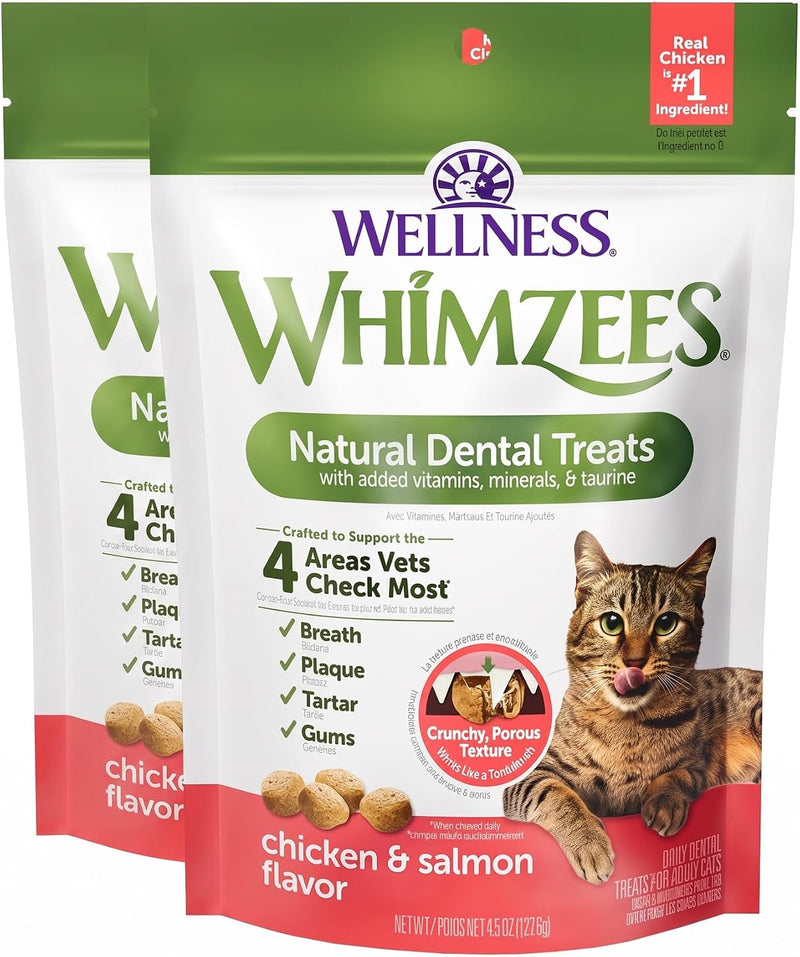 Whimzees Wellness Cat Dental Treats, Freshens Breath, Chicken and Salmon Flavor, 4.5 oz Bag (Pack of 2)