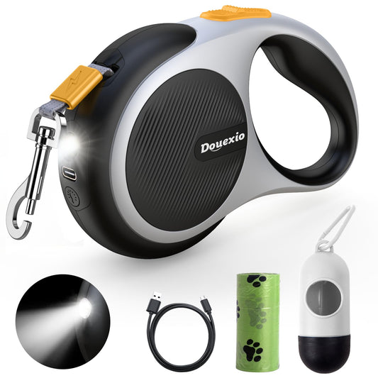 Retractable Dog Leash with LED Flashlight, Douexio Upgrade 3 in 1 Dog Leash Retractable for Small Medium Dogs Up to 66 lbs, 16ft, Anti-Slip Handle (Black-White)