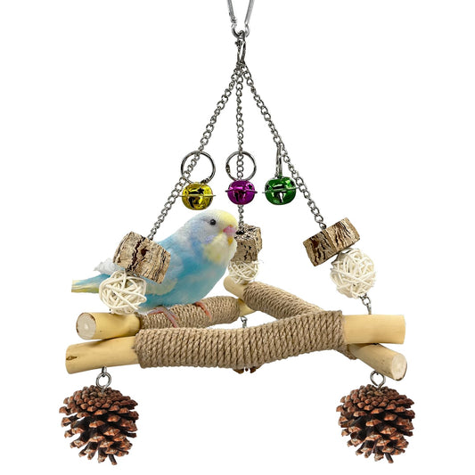 New with Bell! Wooden Bird Swing for Cage, 3-in-1 Hanging Parrot Toy with Chew Toys, 3 Sisal Perches & Stable Triangle Design for Parakeets, Cockatiel, Conures, Lovebirds, Quaker Parrots