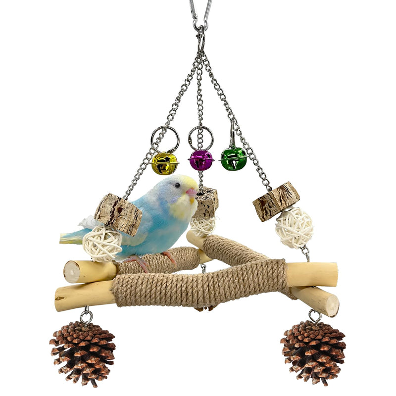 New with Bell! Wooden Bird Swing for Cage, 3-in-1 Hanging Parrot Toy with Chew Toys, 3 Sisal Perches & Stable Triangle Design for Parakeets, Cockatiel, Conures, Lovebirds, Quaker Parrots