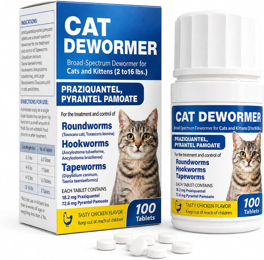 Dewormer for Cat and Kittens ,for tapeworms, hookworms, roundworms,100 Tablets