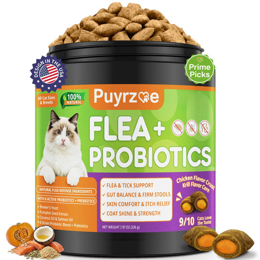 Puyrzoe Natural Flea and Tick Prevention for Cats, Itch Relief, Skin & Coat Support, 500 Chews with 6-Strain Probiotics, Gut & Immune Health, Flea Treatment for Cats, Chicken Flavor, All Breeds & Ages