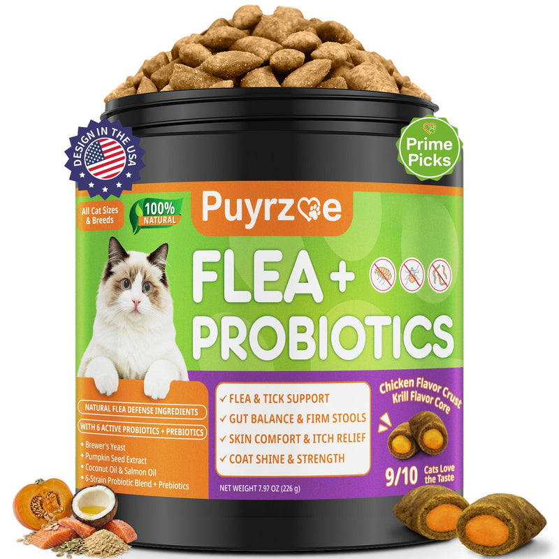 Puyrzoe Natural Flea and Tick Prevention for Cats, Itch Relief, Skin & Coat Support, 500 Chews with 6-Strain Probiotics, Gut & Immune Health, Flea Treatment for Cats, Chicken Flavor, All Breeds & Ages
