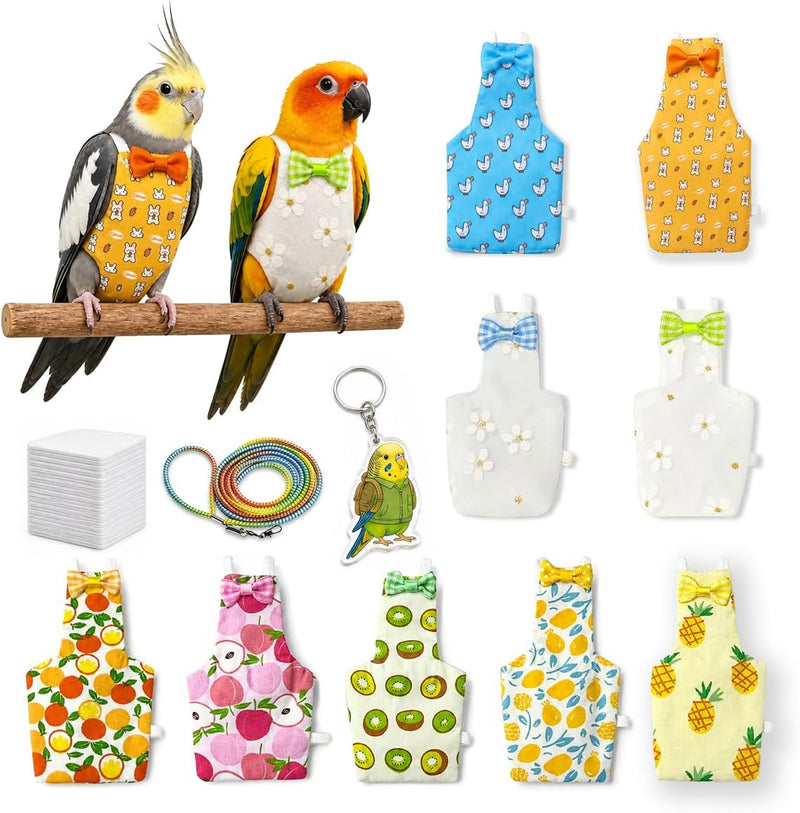 9 Pcs Reusable Bird Diaper Flight Suit with Leash Diaper Pads (S)