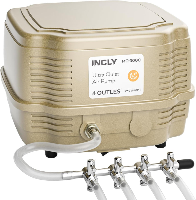 INCLY 7W Ultra Silent Aquarium Air Pump - 245 Gallon/Hr, 4 Adjustable Outlets - Commercial & Hydroponics Oxygen Bubbler 