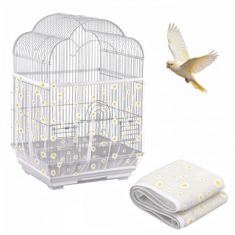 Trinkrittey Bird Cage Seed Catcher, Universal Bird Cage Seed Catcher Guard Adjustable Parrot Nylon Mesh Net Cover for Round Square Cages Parrot Parakeet African Macaw(Daisy-White, 15.7