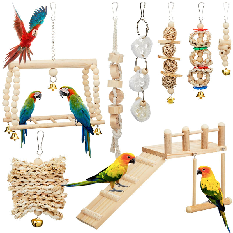 Sonwyoung 10 Pcs Parrot Swing Toys and Bird Perches Platform with Climbing Ladder Chewing Standing Hanging Parakeet Toys Bird Cage Accessories for Budgerigar Conure Cockatiel Finches Lovebirds