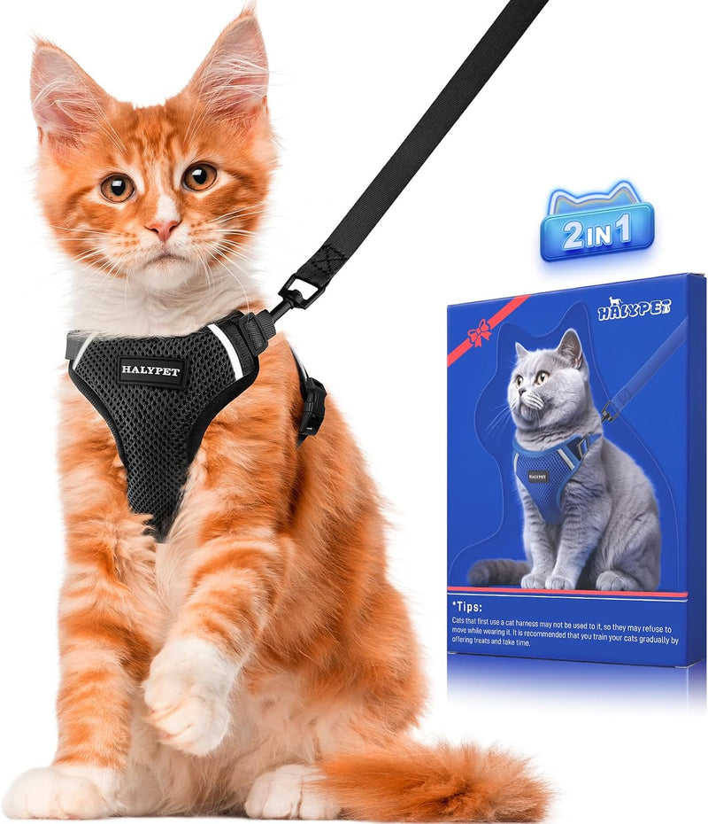 Halypet Cat Harness and Leash Set [ MAX Safety Third Generation ] Escape Proof Soft Adjustable Cat Leash Breathable Comf
