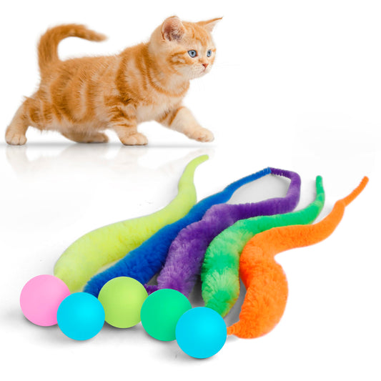 SHENGSEN Bouncy Ball with Tail Cat Toys-5 Packs,Large Magic Worm with Fluorescent Ball Toy for Cats,Colorful Fuzzy Worm Bouncy Glow Balls Cat Toy