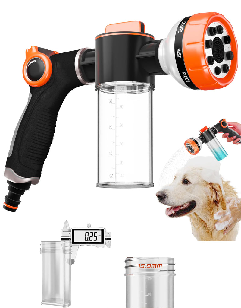 Premium Dog Washing Hose Attachment, 8-Pattern Dog Bath Sprayer, Easy-Control Hose Nozzle with Soap Dispenser for Garden, Pet Shower and Car Wash