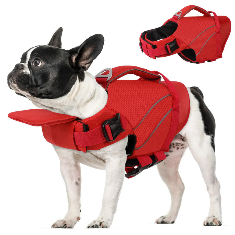 Queenmore Small Dog Life Jacket with Reflective Stripes, Adjustable Life Jacket for Small Dogs, Puppy Swimming Vest High Flotation, Pet Life Jacket with Front Neck Float (Red,S)