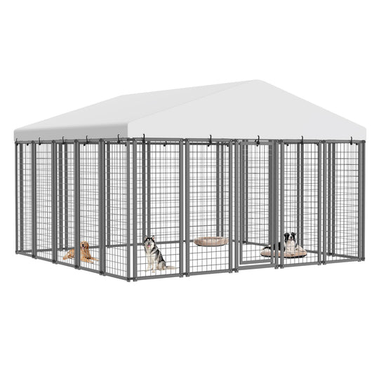 Ironovacage 10x10ft Large Outdoor Dog Kennel,Heavy Duty Galvanized Steel Enclosure with Waterproof Roof & Secure Lock for Giant Breed Dogs