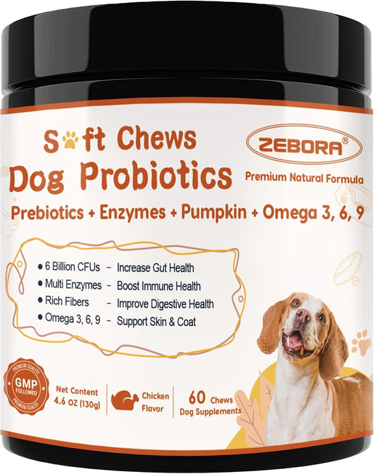 ZEBORA Probiotics for Dogs, Digestive & Itch Relief, 60 Chews