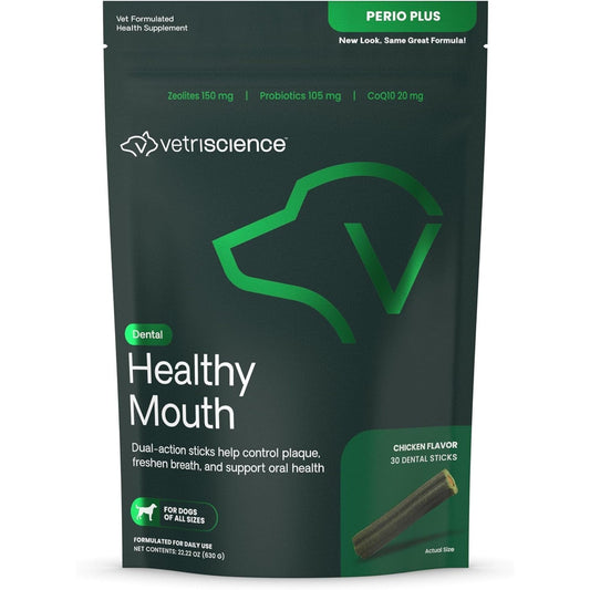 VetriScience Healthy Mouth Dental Chews, Perio Plus Sticks for Dogs, with Probiotics, Spirulina & Zeolites, Breath Freshening, Plaque & Tartar Control, Chicken, 30 Count
