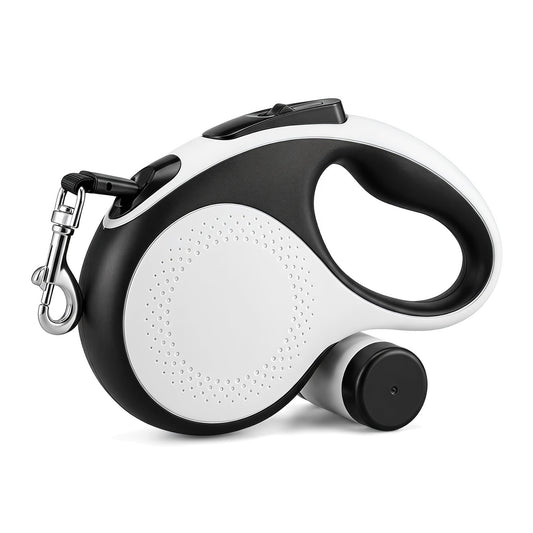 TailyWags Retractable Dog Leash 26FT for Large Dogs up to 110lbs, Extra Long Strong Nylon Tape, 360° Tangle-Free, One-Handed Brake&Lock, with Poop Bag Dispenser, Ergonomic Anti-Slip Handle (White)