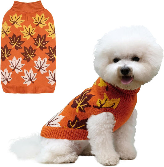 KOOLTAIL Small Dog Sweater, Fall Dog Sweater with Autumn Maple Leaf Pattern, Cold Weather Pet Knitted Sweater Turtleneck