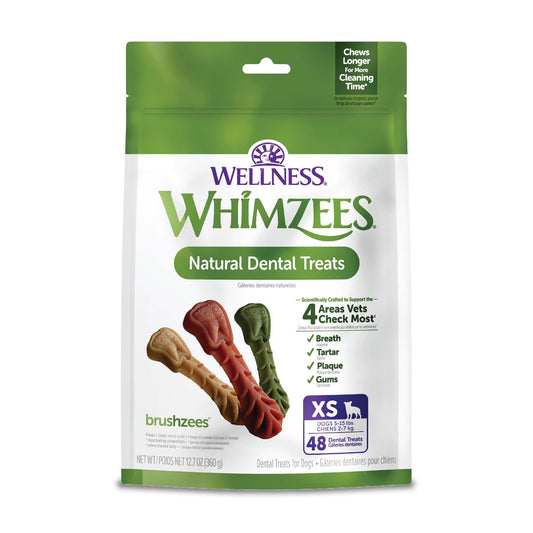 Whimzees Wellness Brushzees Natural Dog Dental Treat, VOHC Accepted Chews, Freshens Breath, Extra-Small Size, 12.7 oz Bag, 48 Count