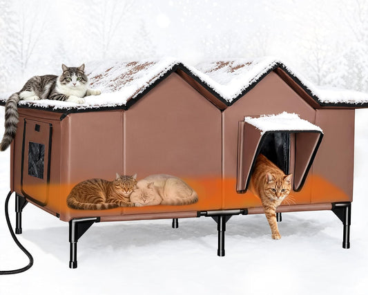 XX-Large Heated Outdoor Cat House for Outside Cats, Weatherproof Insulated Winter Shelter with Full-Size Thermostatic He