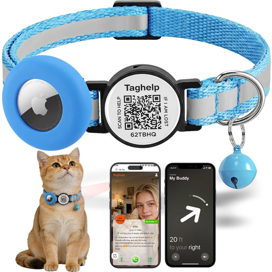 Reflective AirTag Cat Collar, Integrated Cat Collar with Air Tag Holder and Bell, Breakaway with QR Code Name Tag,Safety Elastic Band Cat Collars for Girl Boy Cats, Kittens and Puppies (Blue)