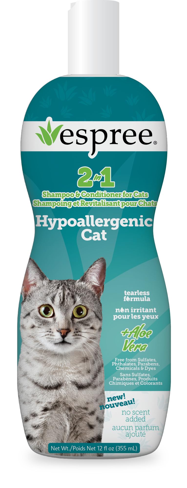 Espree Hypoallergenic Cat Shampoo & Conditioner, Tearless Formula with Aloe Vera, Sulfate-Free, Paraben-Free, Harsh Chemical and Dye-Free, Safe for Sensitive Skin, 12oz