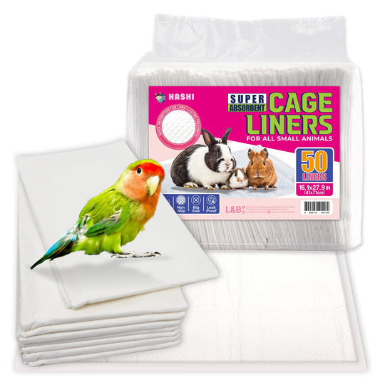 HA SHI Absorbent Bird Cage Liner - 27.9 x 16.1 Inches, 50 Pads, Disposable, Durable 5-Layer, Leak-Proof, Quick-Drying, Odor-Free for Parrots, Parakeets, Budgies, Canaries, Cockatoos