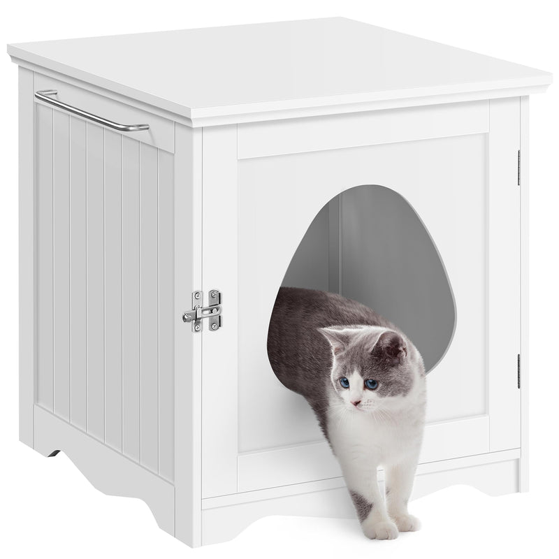 Yaheetech Cat Litter Box Enclosure, Litter Box Furniture Hidden with Towel Bar, Wooden Pet Washroom, Dog Proof Cat Litter Box Cabinet, Indoor Cat House, Side End Table, White