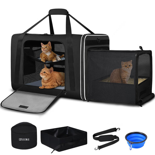 Petskd Side Expandable Extra Large Cat Carrier with Litter Box Area, 24"x17"x17" Soft-Sided Pet Carrier for 2 Cats Under 55 lbs with Zipper Locks for Car Travel(Black)
