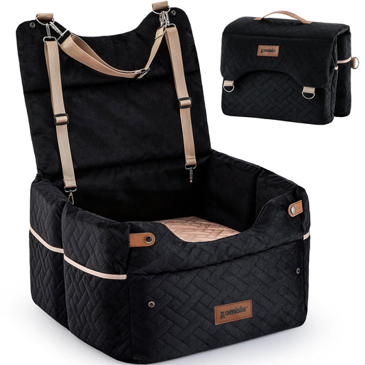 ZOMISIA Elevated Dog Car Seat for Medium Dogs, 3 Adjustable Heights with 2 Egg Crate Foam Boosters 4"+2", Dual-Sided Cooling&Plush Waterproof Cover, 2 Safety Leashes & Buckles, Black
