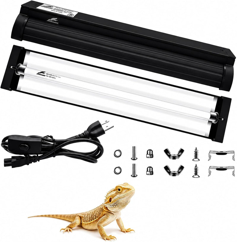 T5 10.0 UVB Reptile Light Fixture Combo Kit, 8W High Output UVA UVB Light with Upgraded Wider Alloy Reflector for Bearde