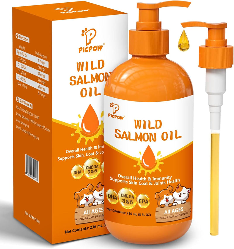 Wild Alaskan Salmon Oil for Dogs & Cats, Fish Oil Omega 3 Supplements with EPA & DHA, Support Skin & Coat, Itchy Relief,