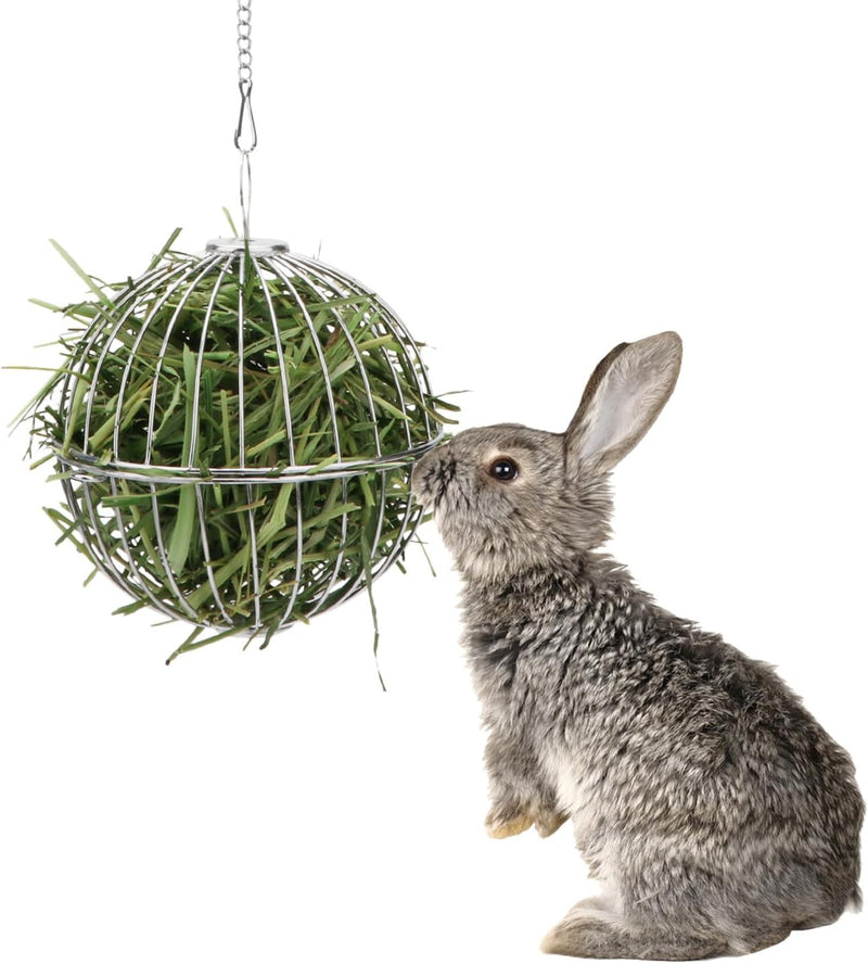 Rabbit Hay Ball Stainless Steel Hanging Feed Dispenser for Bunny Hamster Guinea Pig Rat Chinchilla (A: 5.11inch, Silver)