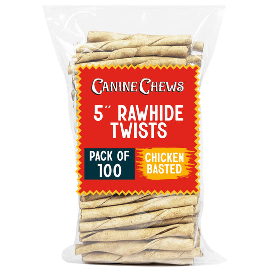 Canine Chews Small Rawhide Twists for Dogs - Pack of 100 5" Chicken Flavored Rawhide Sticks for Small Dogs & Puppies - Protein Dense Chicken Rawhide Twists - Natural Dog Rawhide Sticks