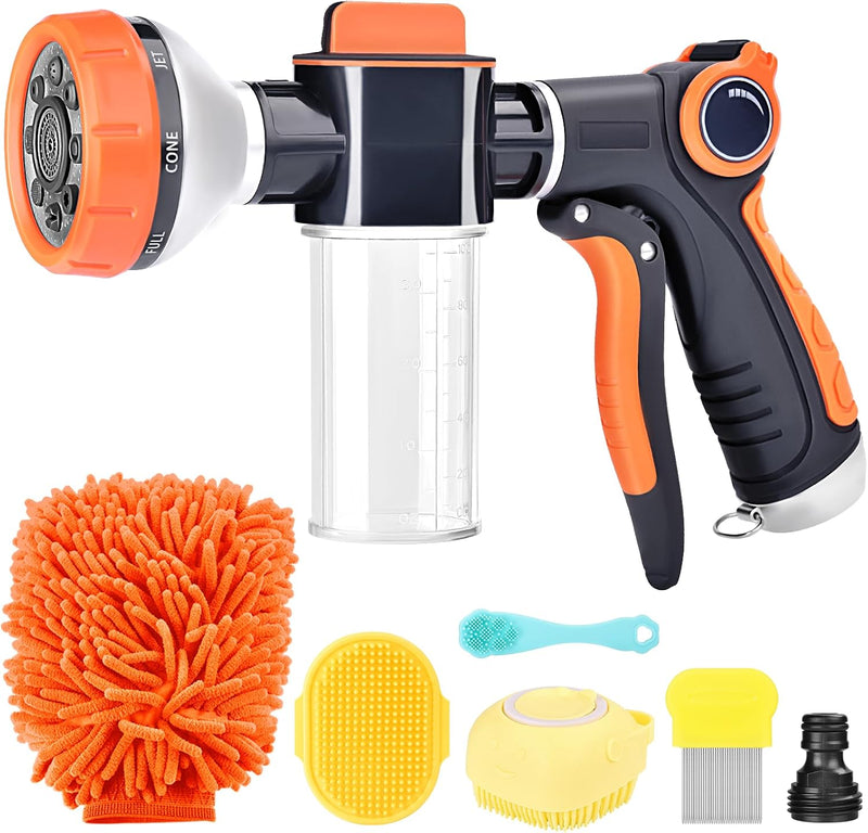 Upgrade Dog Washing Hose Attachment, 8 Way Spray Pattern Garden Hose Nozzle with Soap Dispenser, Dog Wash Supplies with 