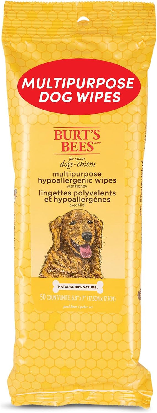 Burt's Bees for Pets Honey Multipurpose Dog Grooming Wipes, Gentle Hypoallergenic Spot Cleaning Sheets, pH Balanced Natural Origin Formula for Paws, Face and Butt, 50 Count - 2 Pack