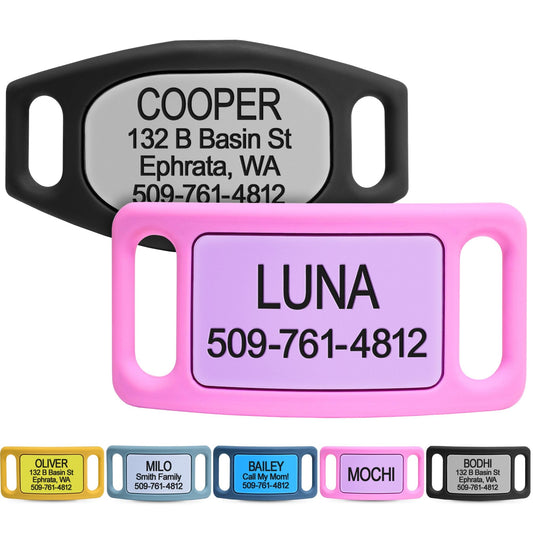GoTags Silicone Slide On Pet ID Tag, Personalized Engraved Colorful Collar Slide Dog Tag Nameplate for Pets, No Noise Quiet Dog Tags Small Medium Large in 5 Colors
