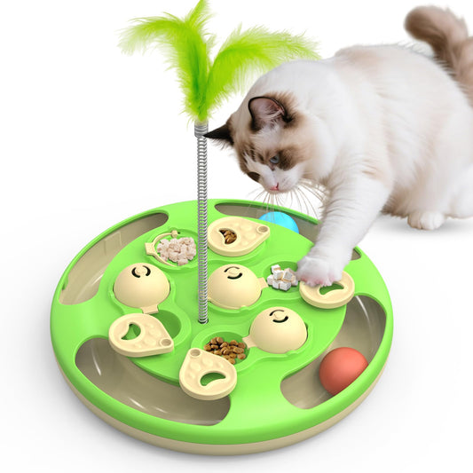 CGBD 3 in 1 Cat Treat Puzzle Feeder, Level 3 Interactive Cat Puzzle Toy with Track Balls, Feather Teaser & Slow Feeder Insert, Non-Slip Base, Mental Stimulation for Bored Indoor Cats, Green