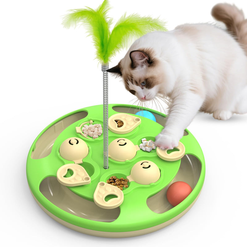 CGBD 3 in 1 Cat Treat Puzzle Feeder, Level 3 Interactive Cat Puzzle Toy with Track Balls, Feather Teaser & Slow Feeder Insert, Non-Slip Base, Mental Stimulation for Bored Indoor Cats, Green