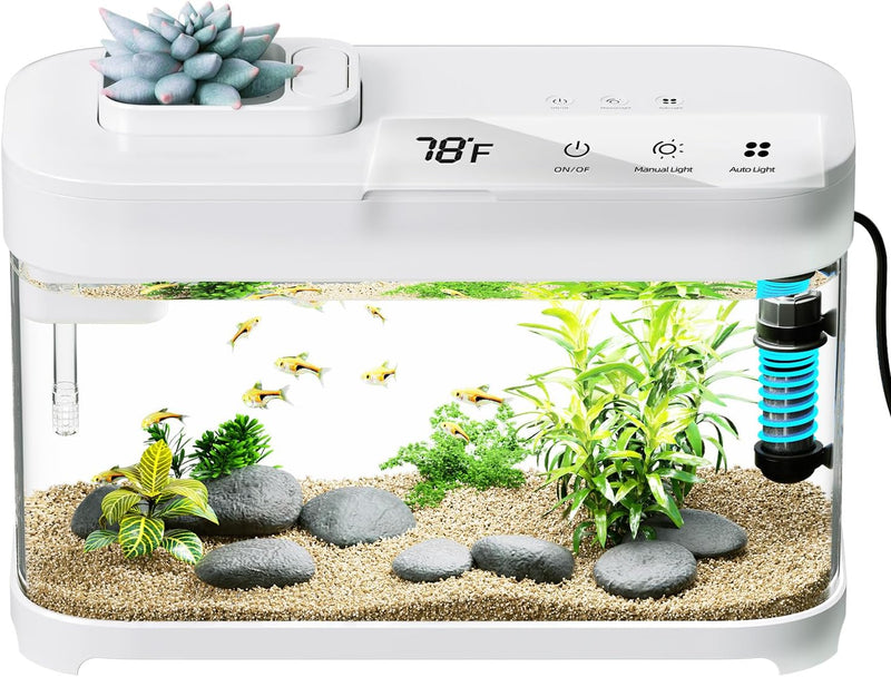 3 Gallon Fish Tank Starter Kit with Heater Hidden Filtration Light Acrylic