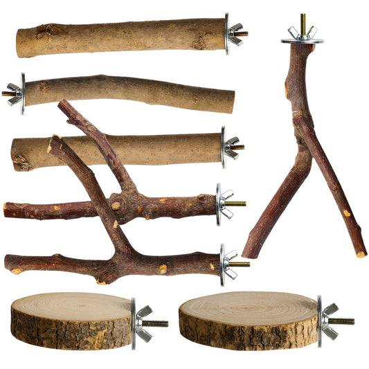 StyEdEk 8 Pack Natural Wood Bird Perches, Parrot Perch Stand Bird Cage Accessories for Budgerigar Cockatiels, Conures, Lovebirds (M)