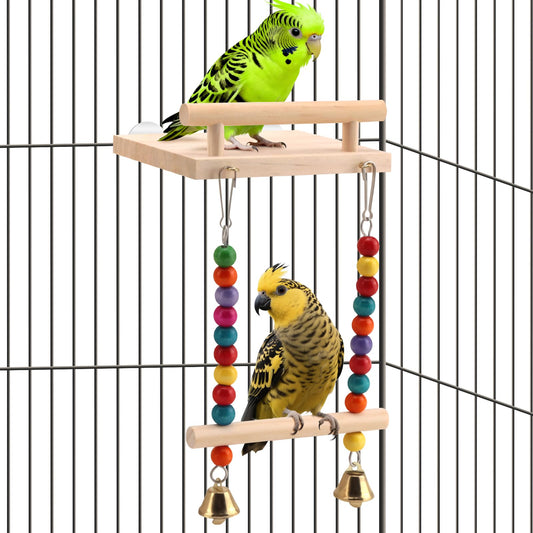 CZWESTC Natural Wood Bird Perch Swing - Cage Platform for Budgies, Cockatiels, Parakeets & Small Birds - Adjustable Play Rest Gym